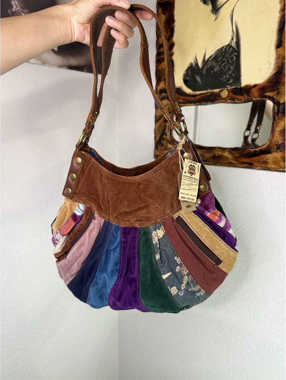 Y2K Lucky Brand Patchwork Suede Leather Hobo Shoulder Bag Multicolor NWT